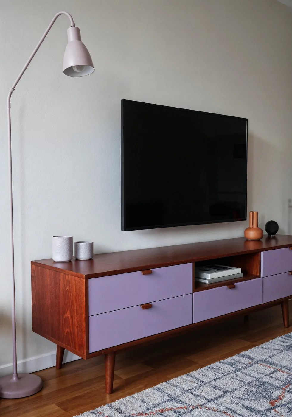 Ceviz gövdeli, renkli kapaklı özel üretim TV ünitesi